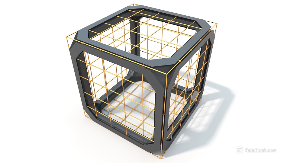 Geometric Art Installation With Black Frame Golden Grid And Cube Structure 3d model