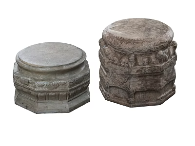 Stone Wood Carved Drum Shaped Stools With Traditional Decorative Patterns 3d model