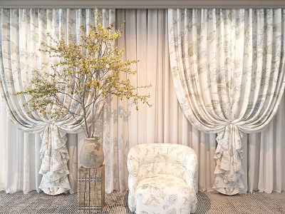 Elegant White Floral Curtains With Pleated Drapery And Potted Tree Armchair 3d model