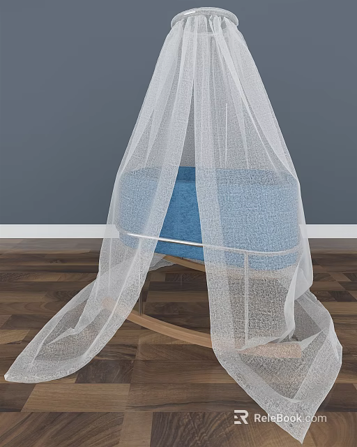 Cozy Blue Baby Crib With White Canopy And Wooden Rocking Frame 3d model 