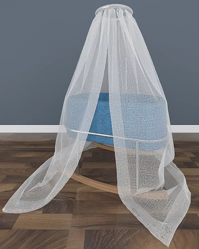 Cozy Blue Baby Crib With White Canopy And Wooden Rocking Frame 3d model