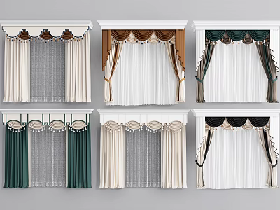 Various Colored Curtains With Decorative Valances And Layered Sheer Panels 3d model