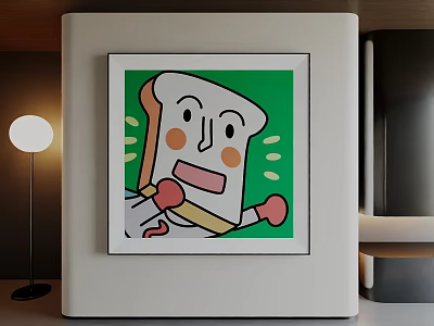 Anthropomorphic Bread Themed Abstract Painting With Smiling Face Green Background And Red Accents 3d model