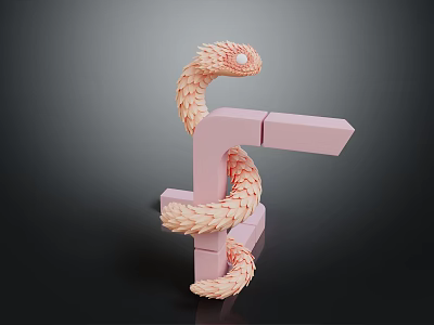 Pink Snake Coiled Around Pink Letter F Shaped Blocks On Dark Background 3d model