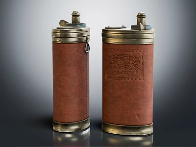 Two Brown Leather Containers With Brass Top Bottom And Carved Pattern 3d model
