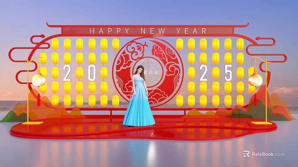Happy New Year 2025 Dragon Year Photo Spot With Red Circular Ornament And Yellow Lanterns 3d model 