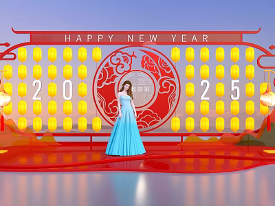 Happy New Year 2025 Dragon Year Photo Spot With Red Circular Ornament And Yellow Lanterns 3d model