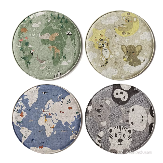 Round Carpets With Animal Patterns World Map And Nature Designs For Kids Rooms 3d model 