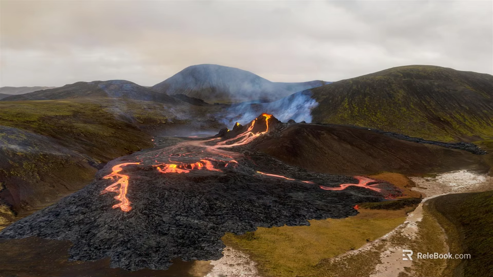 Garden Landscape With Flowing Lava Smoke And Green Mountain Scenery 3d model 