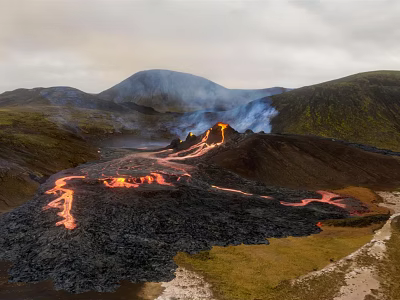 Garden Landscape With Flowing Lava Smoke And Green Mountain Scenery 3d model