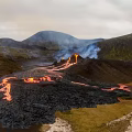 Garden Landscape With Flowing Lava Smoke And Green Mountain Scenery