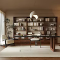Modern Study Room Interior Design With Wooden Bookshelves Black Desk White Pendant Light Beige Chair