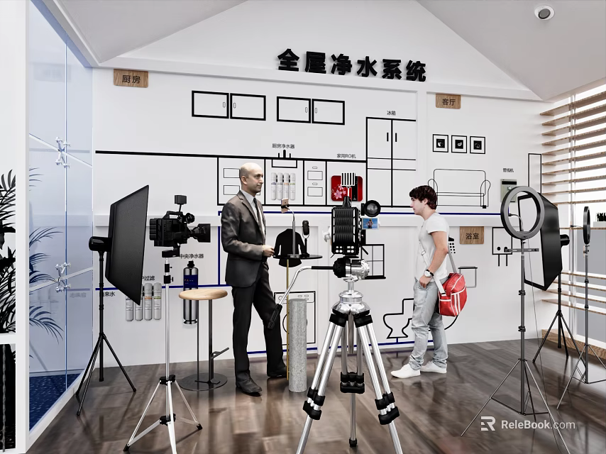 Whole House Water Purification System Display Room With Photography Equipment And People 3d model 