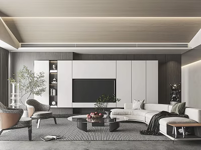 Modern Living Room Interior Design With L shaped Sofa Armchairs Coffee Table TV Cabinet And Green Plants 3d model
