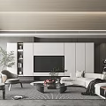 Modern Living Room Interior Design With L shaped Sofa Armchairs Coffee Table TV Cabinet And Green Plants