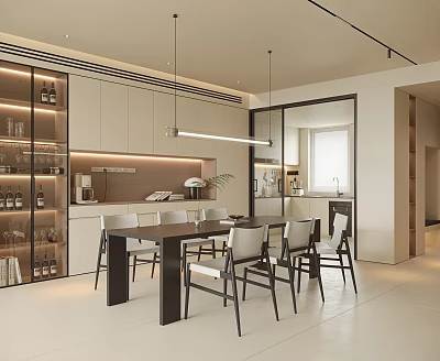 Modern Open Restaurant Interior With Dining Table Chairs And Wine Display Cabinets 3d model