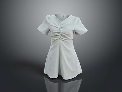 White Short Sleeved Dress With Ruched Front And V Neck Design 3d model