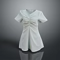 White Short Sleeved Dress With Ruched Front And V Neck Design