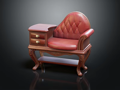 Classic Red Leather Tufted Single Sofa With Carved Wooden Frame and Side Table With Drawers 3d model