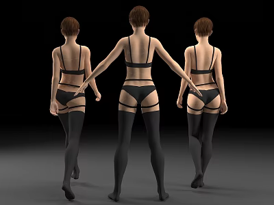 Three Women in Black Lingerie Stockings Back View Standing in a Row Middle Spreading Arms 3d model