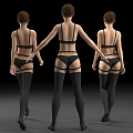 Three Women in Black Lingerie Stockings Back View Standing in a Row Middle Spreading Arms
