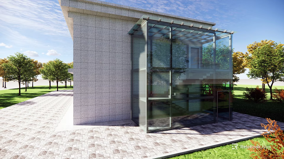 Modern Villa Balcony With Glass Structure Gray Stone Wall Green Lawn And Trees 3d model 