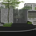 Modern Entrance Gate Design With Stone Facade Glass Panels Trees Steps And Greenery