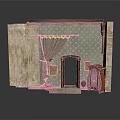 Vintage Room Scene Component With Stone Walls Patterned Wallpaper Green Curtains And Wooden Cabinet