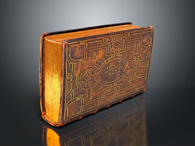 Antique Leather Book Cover With Intricate Carved Patterns And Gold Accents 3d model