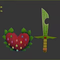 Green Sword with Yellow Red Beads Hilt and Red Strawberry Shaped Object with Green Leaves