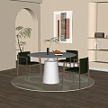Modern Round White Dining Table Set With Green Chairs Rug Plant And Wall Art