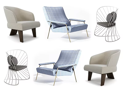 Stylish Accent Chairs Featuring Checkered Pattern Light Gray Fabric Metal Frame And Wooden Legs 3d model
