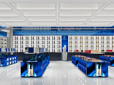 Modern Blue Themed Specialty Store Interior With Wine Bottles Display And Blue Counters 3d model