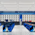 Modern Blue Themed Specialty Store Interior With Wine Bottles Display And Blue Counters
