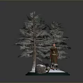 Figure In Red Coat Standing With Pine Trees On Snowy Ground And Sled Nearby