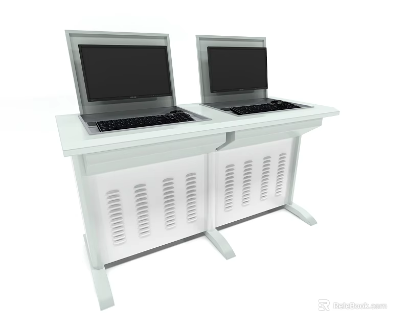 Two White Office Desks with Ventilated Cabinet Panels and Laptop Computers on Top 3d model 