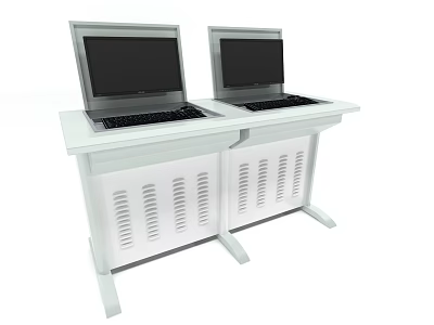 Two White Office Desks with Ventilated Cabinet Panels and Laptop Computers on Top 3d model