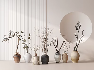 Various Ceramic Vases With Dried Branches And Natural Twigs On Minimalist White Countertop 3d model