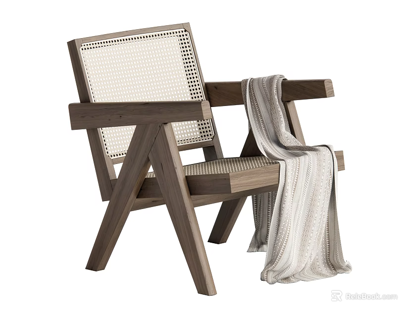 Natural Wooden Frame Leisure Chair With Woven Back Seat And Draped Blanket 3d model 