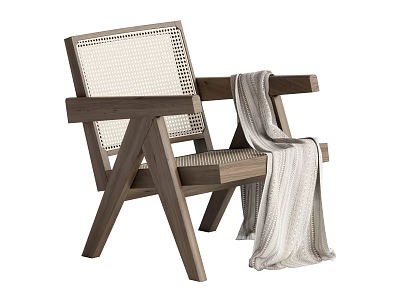 Natural Wooden Frame Leisure Chair With Woven Back Seat And Draped Blanket 3d model
