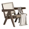 Natural Wooden Frame Leisure Chair With Woven Back Seat And Draped Blanket