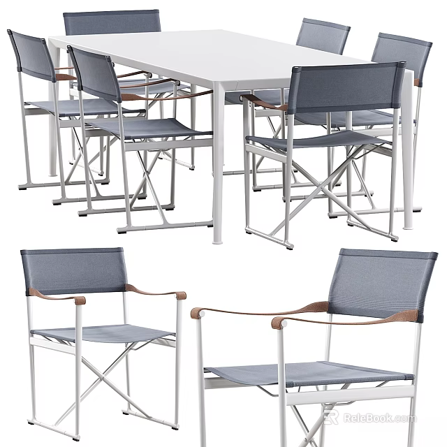 Modern Outdoor Dining Table and Chairs Set With Mesh Fabric Wooden Armrests and Metal Frame 3d model 