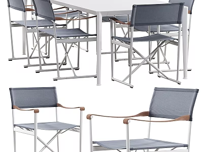 Modern Outdoor Dining Table and Chairs Set With Mesh Fabric Wooden Armrests and Metal Frame 3d model
