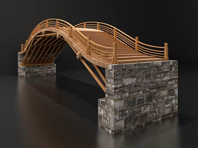 Arched Wooden Bridge With Stone Piers And Curved Railings Design 3d model