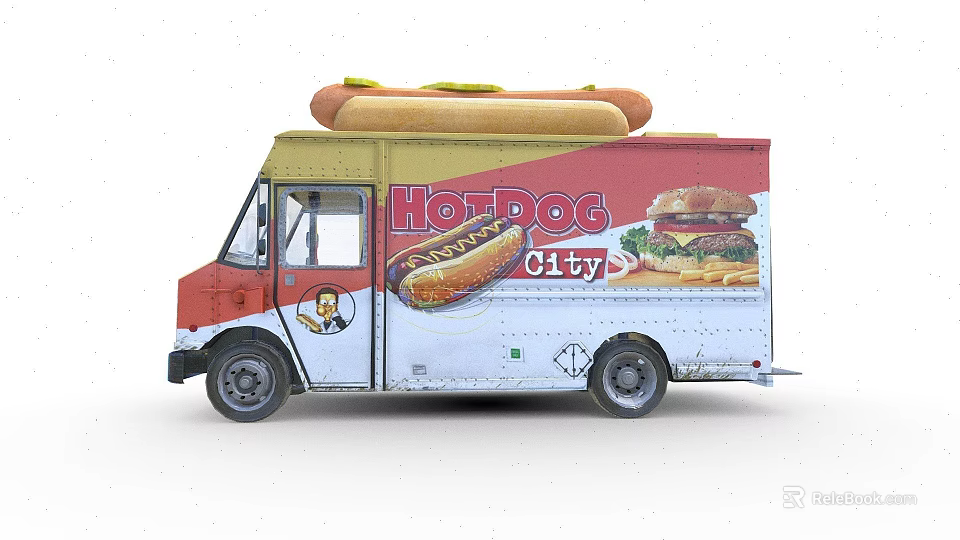 Red And White Food Truck With Hot Dog Burger Images And Large Model On Top 3d model 