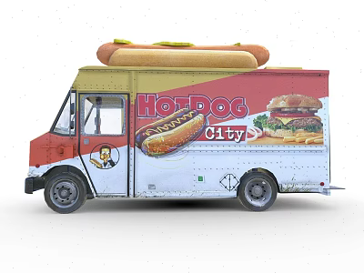 Red And White Food Truck With Hot Dog Burger Images And Large Model On Top 3d model