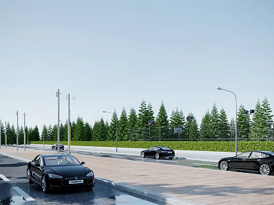 Road Infrastructure With Street Lamps Trees And Vehicles On Urban Paved Roadway 3d model