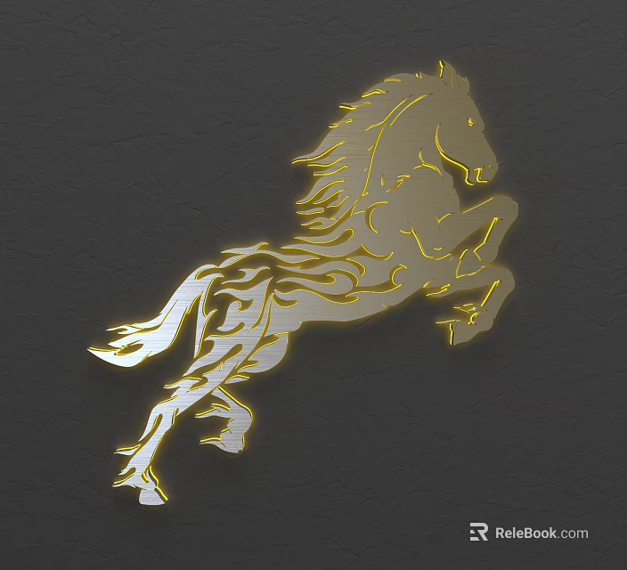 Black Textured Wall with Golden Leaping Horse Decorative Art Design 3d model 