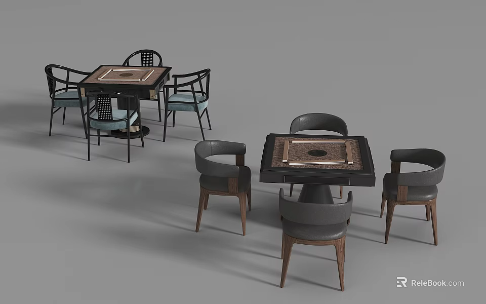 Two Mahjong Tables With Tile Patterns And Chairs Around For Entertainment Setup 3d model