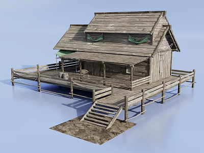 Rural Self built Wooden House With Deck Steps And Outdoor Platform Design 3d model